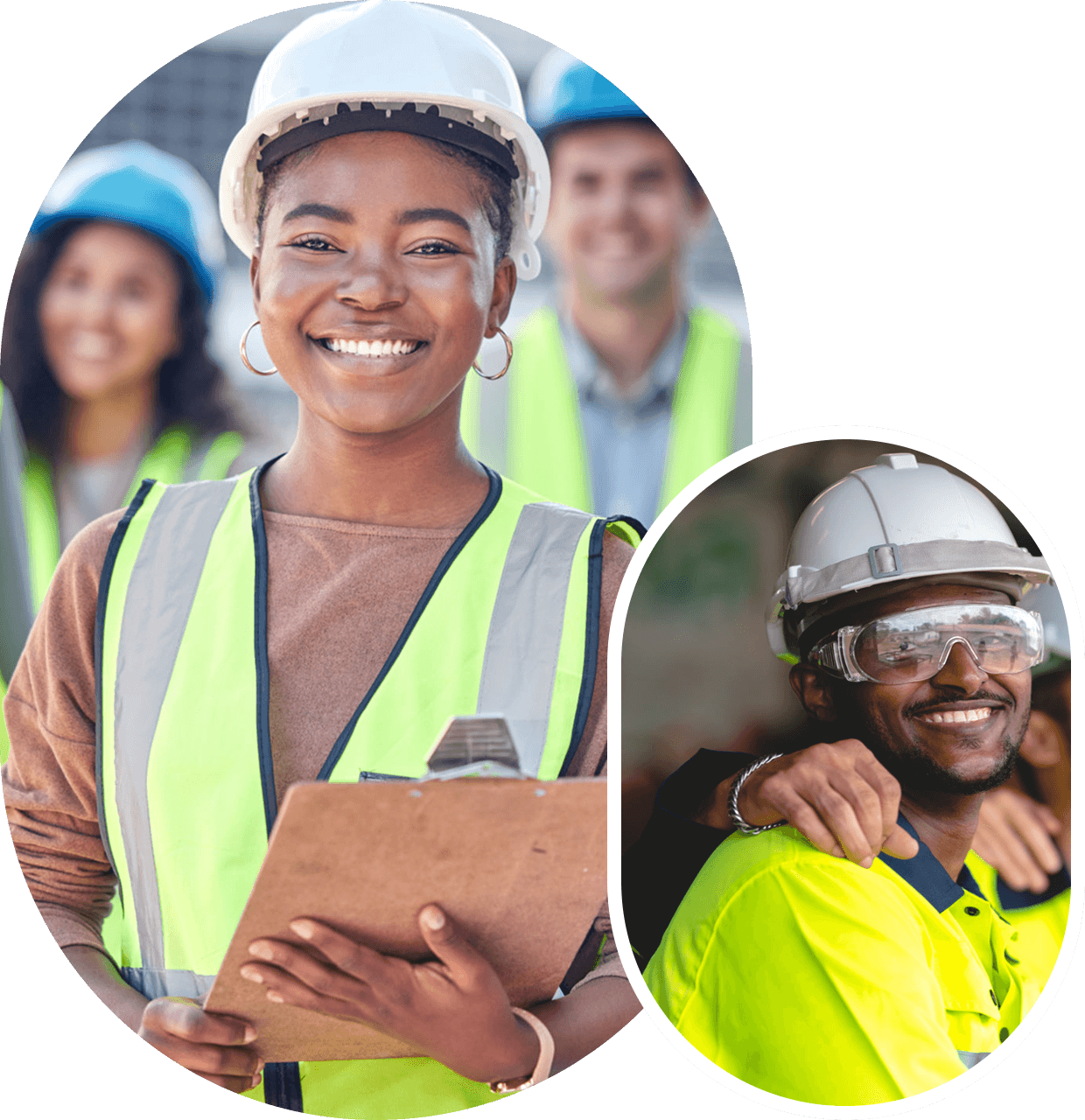 Construction workers wearing hard hats and vests.