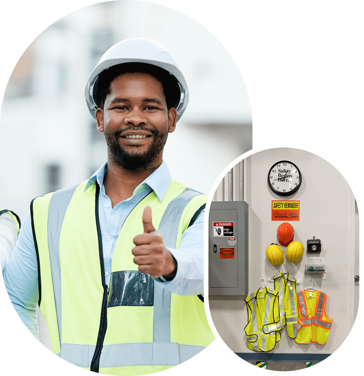Construction worker giving thumbs up, safety gear.