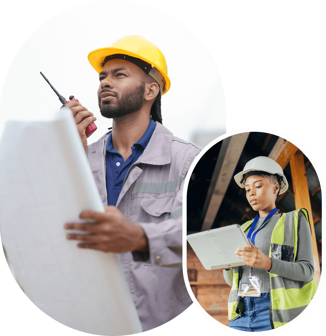 Construction workers with plans and walkie-talkie.