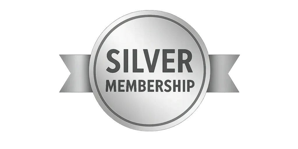 Silver membership badge on black background.