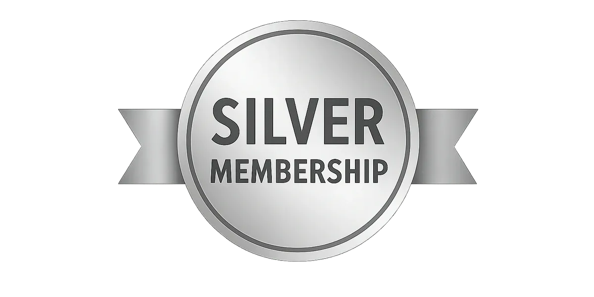 Silver membership badge on black background.